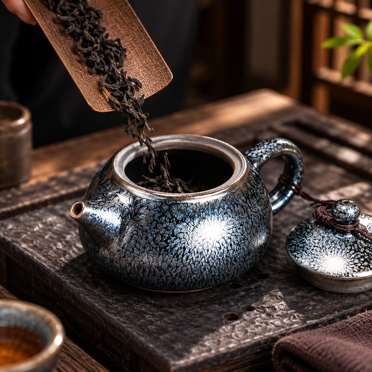 Silver Blue Oil Spot Tenmoku Teapot