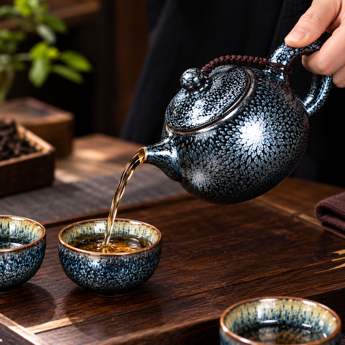 Silver Blue Oil Spot Tenmoku Teapot
