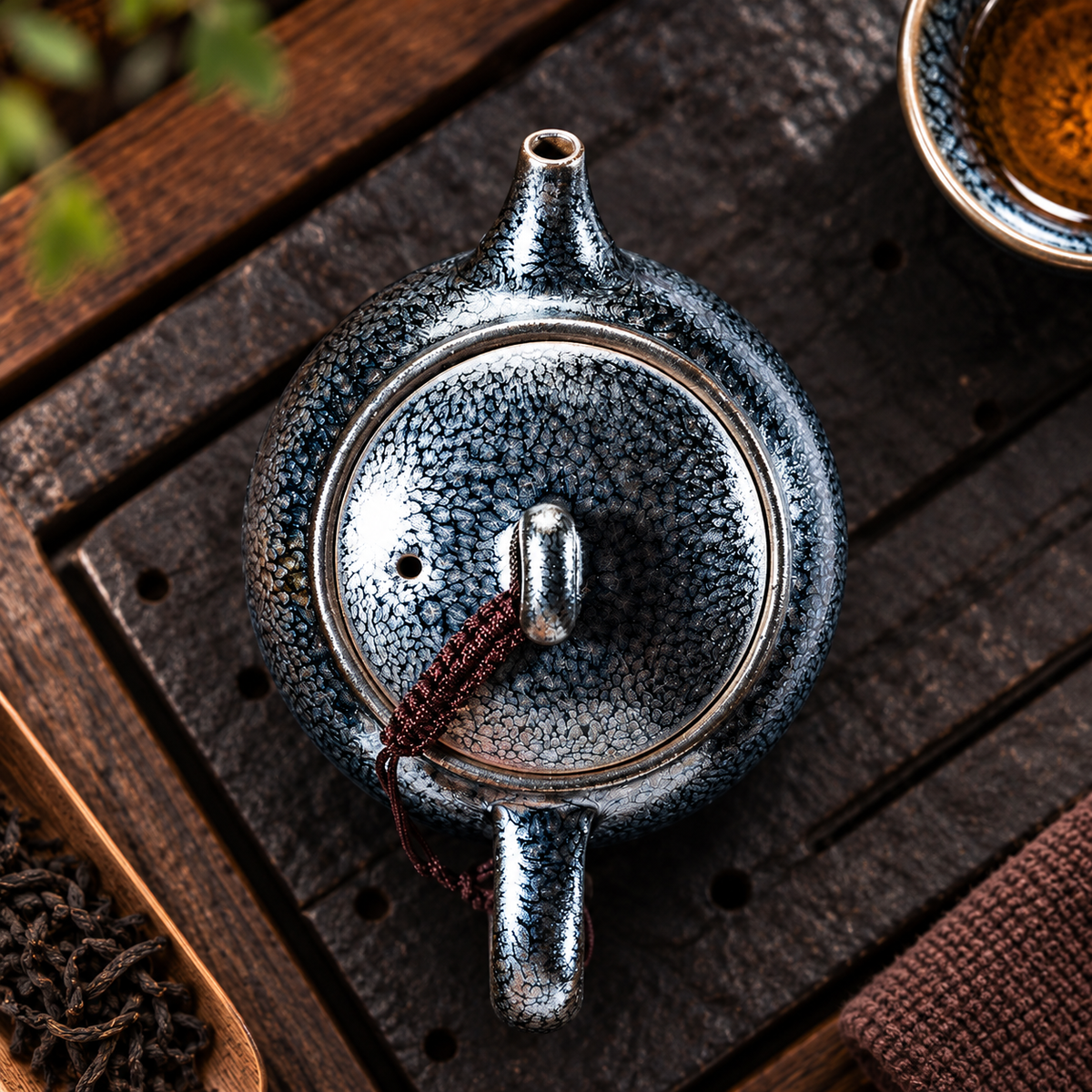 Silver Blue Oil Spot Tenmoku Teapot