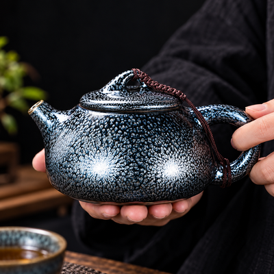 Silver Blue Oil Spot Tenmoku Teapot