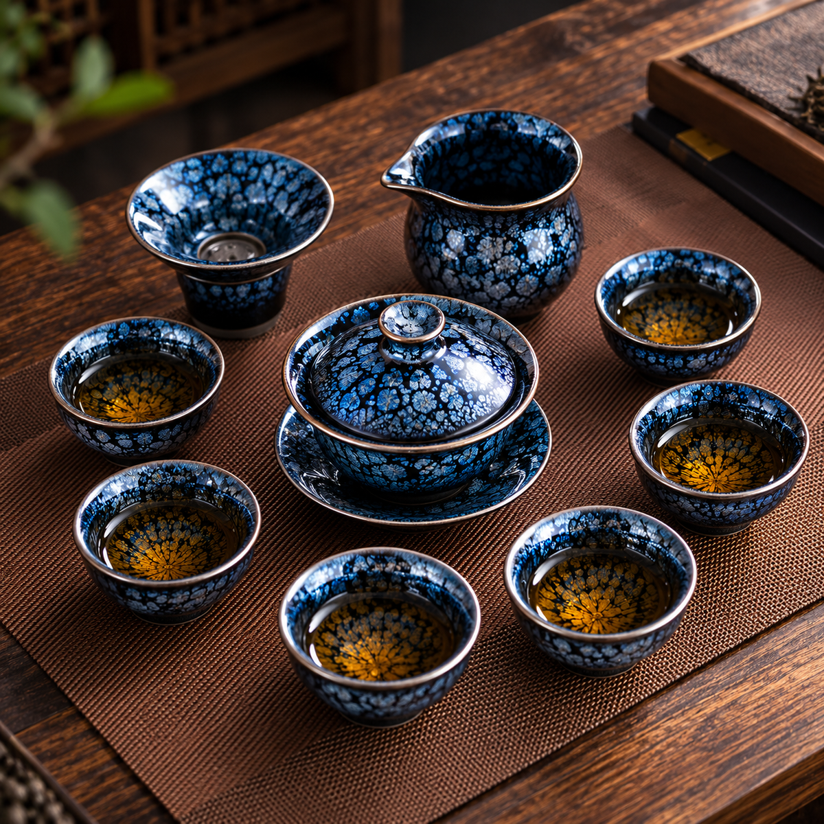 Blue Silver Oil Spot Tenmoku Tea Set